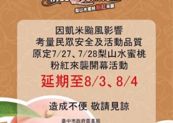 受凱米颱風外圍環流影響-中市7/27、28水蜜桃行銷活動順延一週