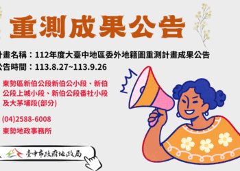 112年度大台中地區委外地籍圖重測-中市東勢區重測結果8/27-9/26公告