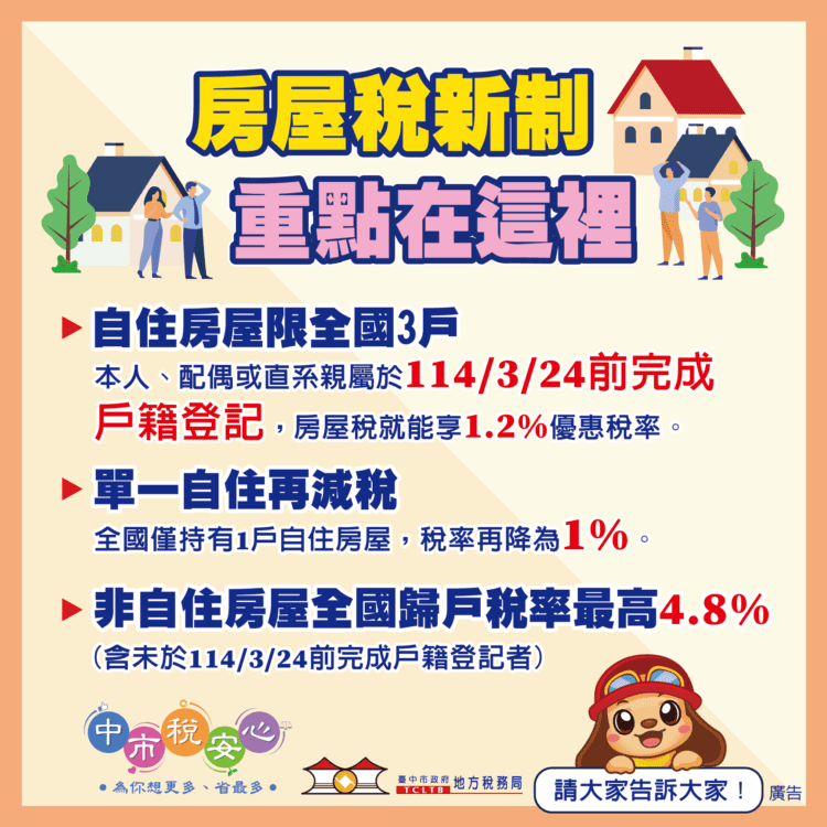 自住房屋需設戶籍才能享優惠-中市地稅局：9月陸續寄出通知書
