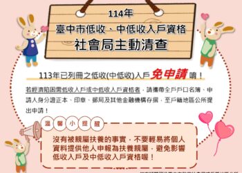 足感心！114年低收及中低收資格-中市府10月起主動清查
