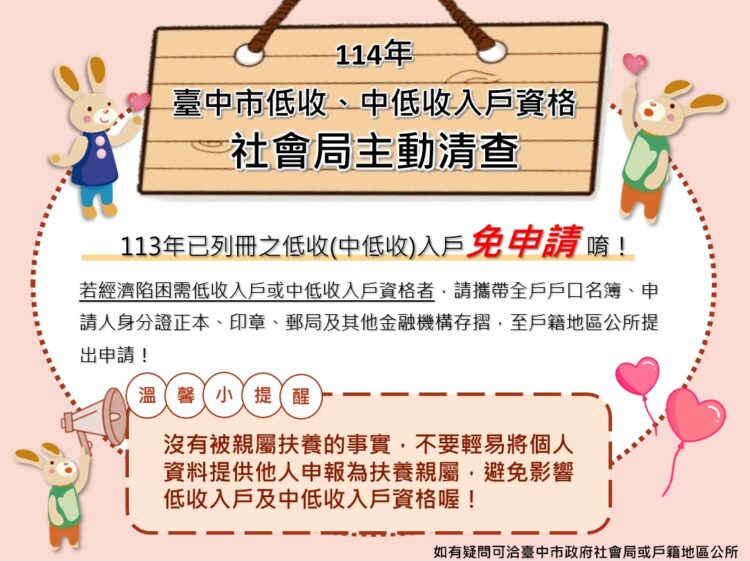 足感心！114年低收及中低收資格-中市府10月起主動清查