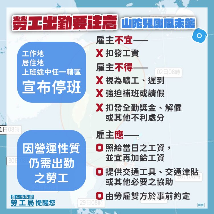 颱風假出勤-中市勞工局建議雇主加給工資並提供必要協助