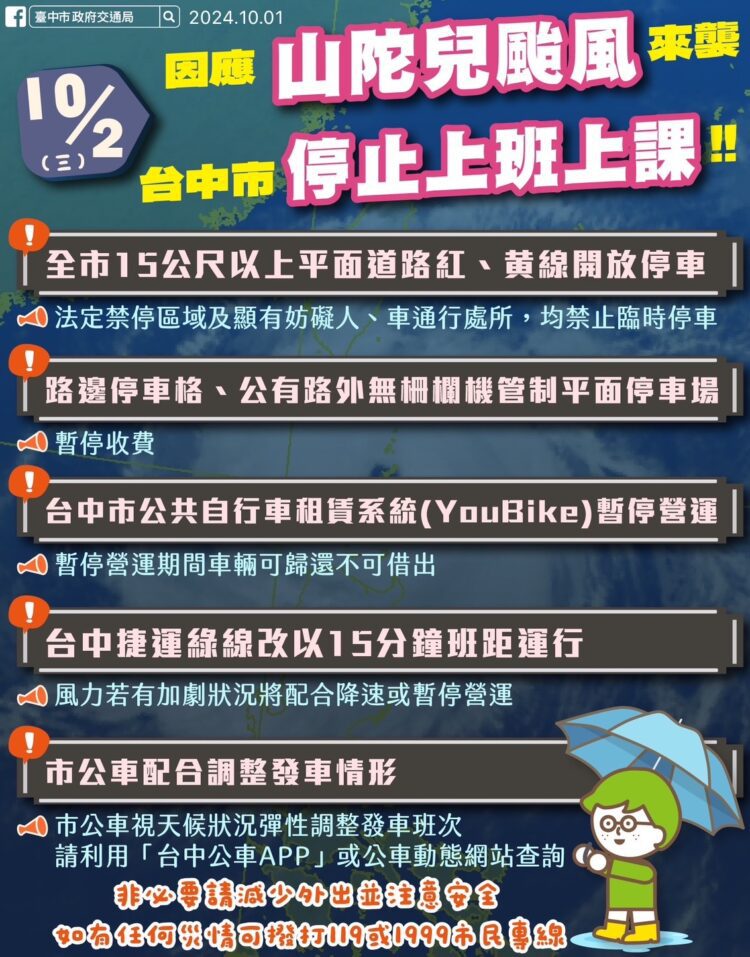 山陀兒颱風來襲-中市部分紅黃線路段開放停車