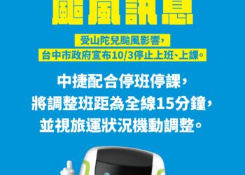 山陀兒颱風來襲-台中捷運10/3調整班距為15分鐘一班