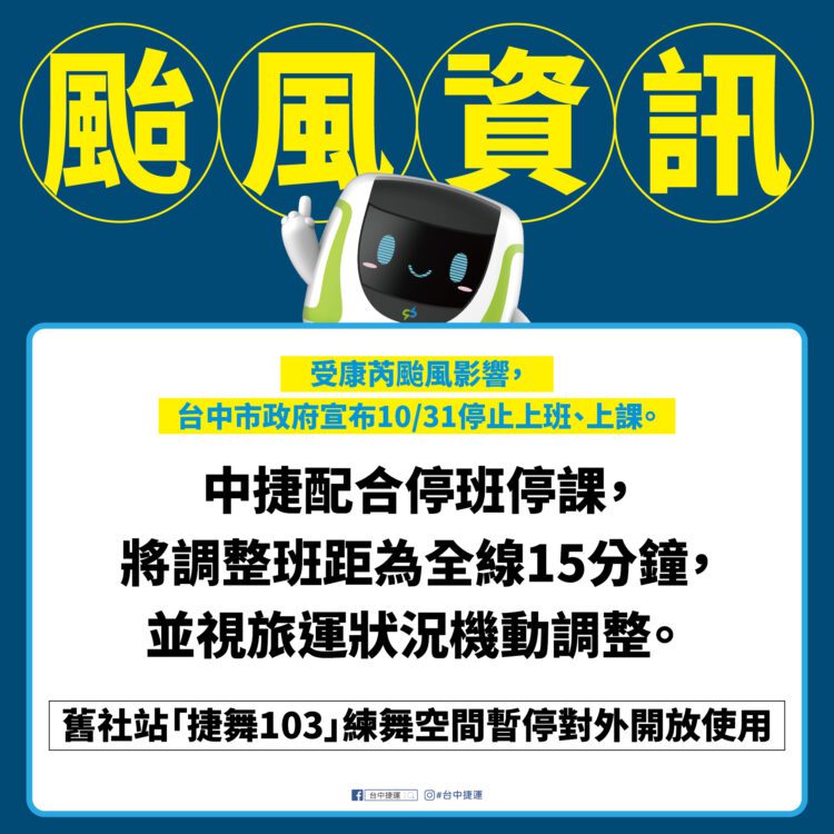 康芮颱風來襲！-台中捷運10/31調整班距為15分鐘一班