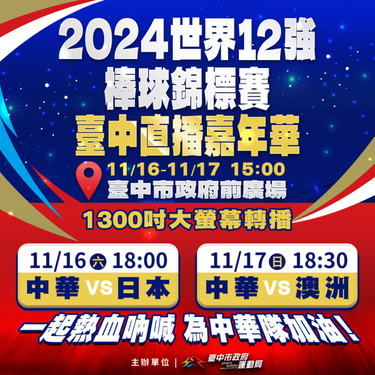 「就一起」為中華隊加油！世界12強棒球賽明日起中市府前廣場直播
