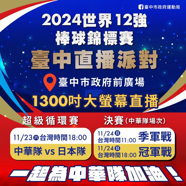 世棒12強東京複賽11/23、24中市府前廣場直播-力邀市民「就一起」見證中華健兒榮耀！