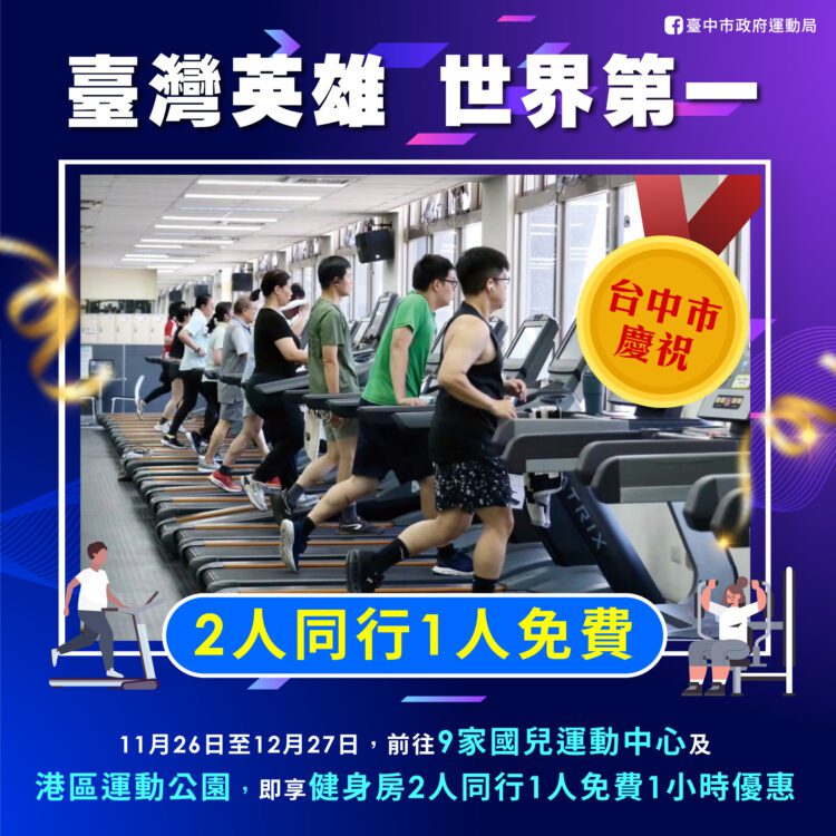 歡慶中華隊奪棒球世界冠軍！中市運動中心推出健身房2人同行1人免費優惠