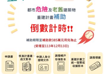 危老重建計畫補助12/13受理截止-每案最高補助5萬5千元