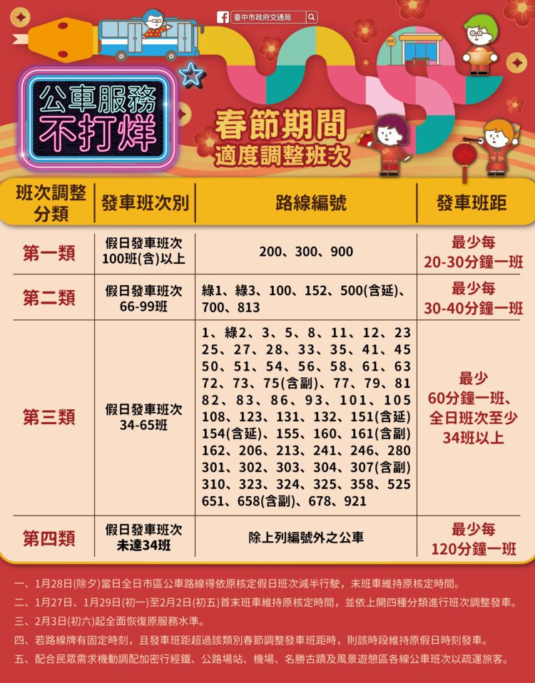 中市公車服務全年無休-春節連假不打烊