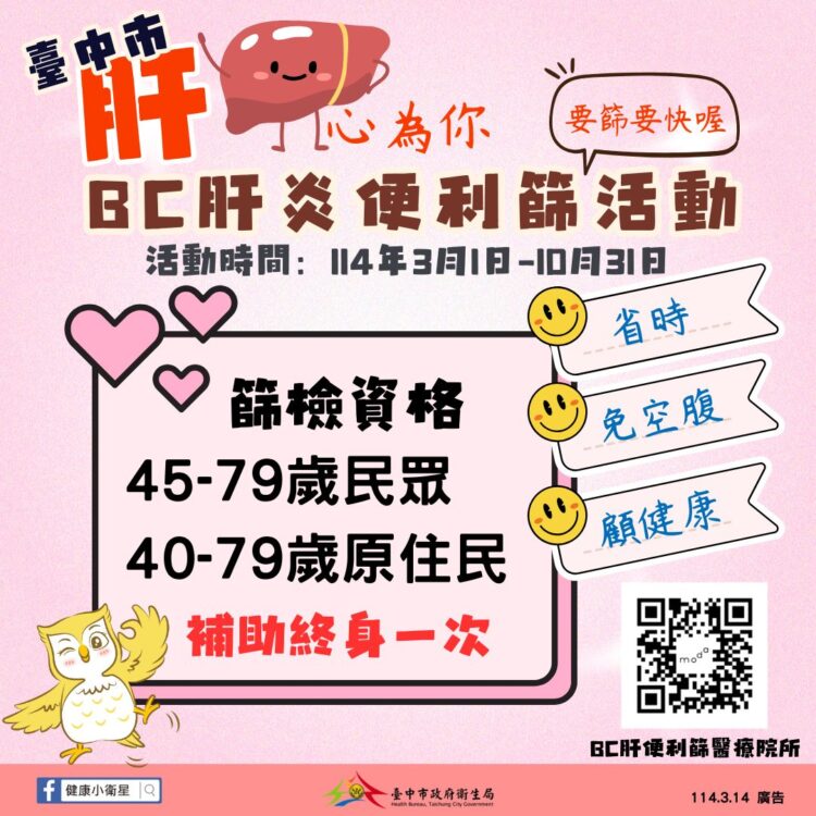中市衛生局推「bc型肝炎便利篩」門診- 提供市民便捷篩檢服務