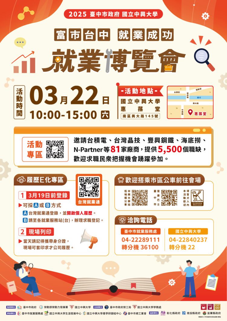 起薪高達7萬元！中市勞工局就業博覽會3/22於中興大學登場