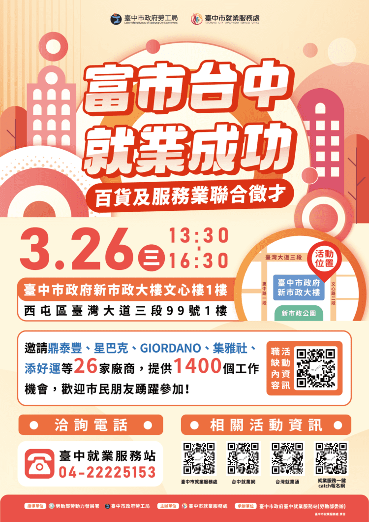 助新光三越受影響勞工轉業！-中市勞工局百貨及服務業徵才3/26登場