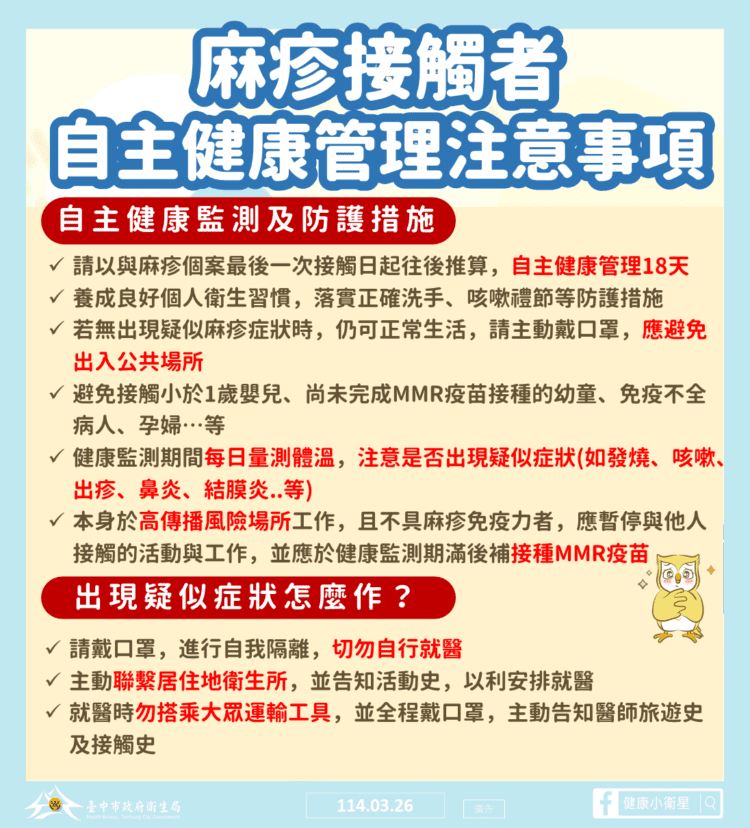 中市新增1例本土麻疹確定病例-衛生局籲請民眾提高警覺
