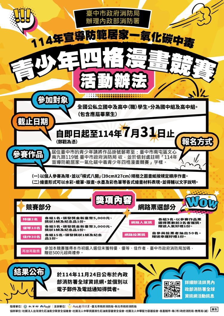 加強一氧化碳中毒的安全意識-中市消防局辦青少年漫畫競賽