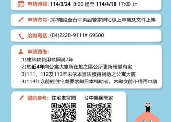 中市114年公寓大廈修繕補助申請開跑　3/24起線上受理