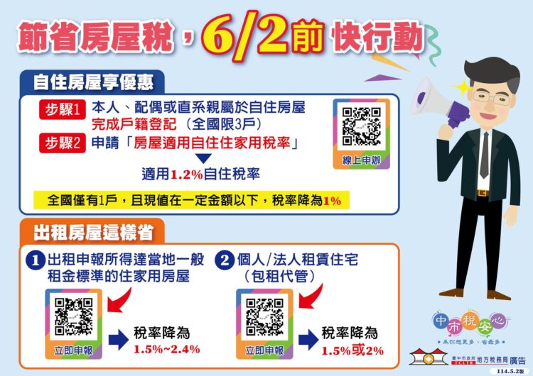 出租房屋可以享優惠稅率！-台中地稅局曝關鍵時點在6/2前