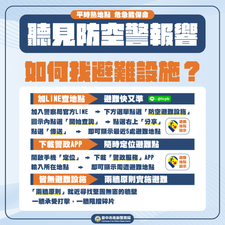 全國首創！line-@tcpb帶您速尋避難設施 -中市警局籲遵循「兩牆原則」、就近避難