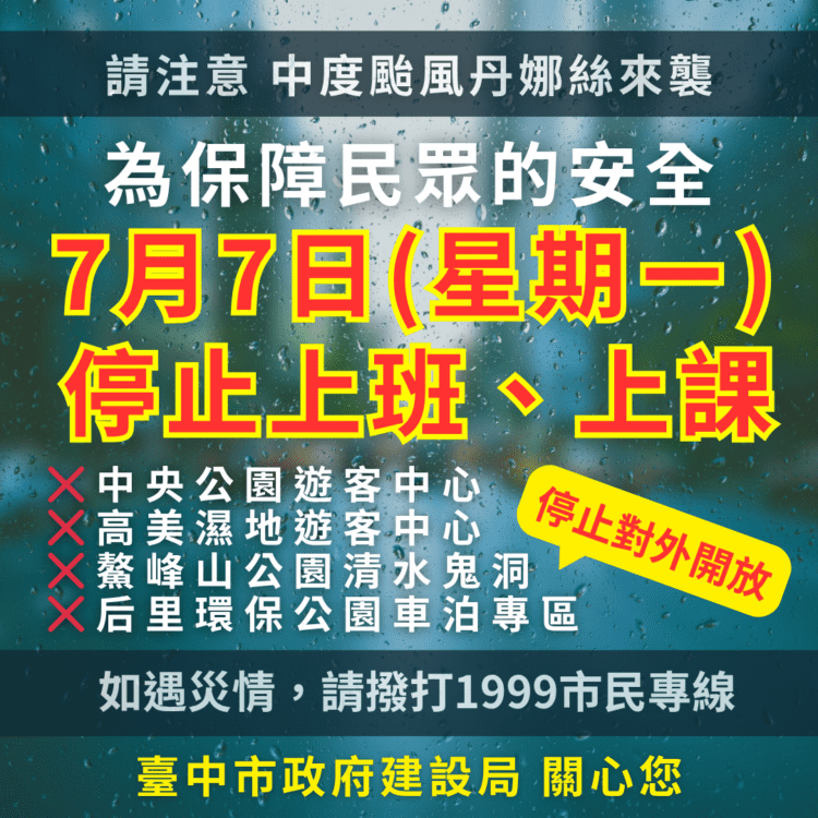 中颱丹娜絲來襲！-中市建設局啟動一級應變　多處場域暫停開放