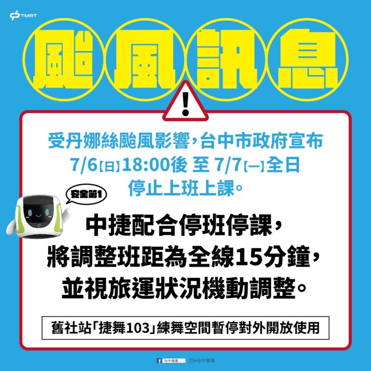 丹娜絲颱風來襲！台中捷運7/7調整班距為15分鐘一班