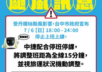 丹娜絲颱風來襲！台中捷運7/6晚間調整班距為15分鐘一班