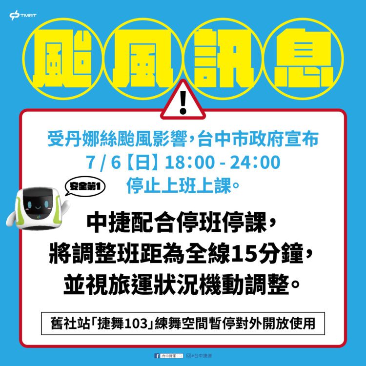 丹娜絲颱風來襲！台中捷運7/6晚間調整班距為15分鐘一班