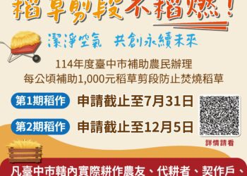永續農業循環利用-中市補助稻草剪段翻耕1期作受理至7月底