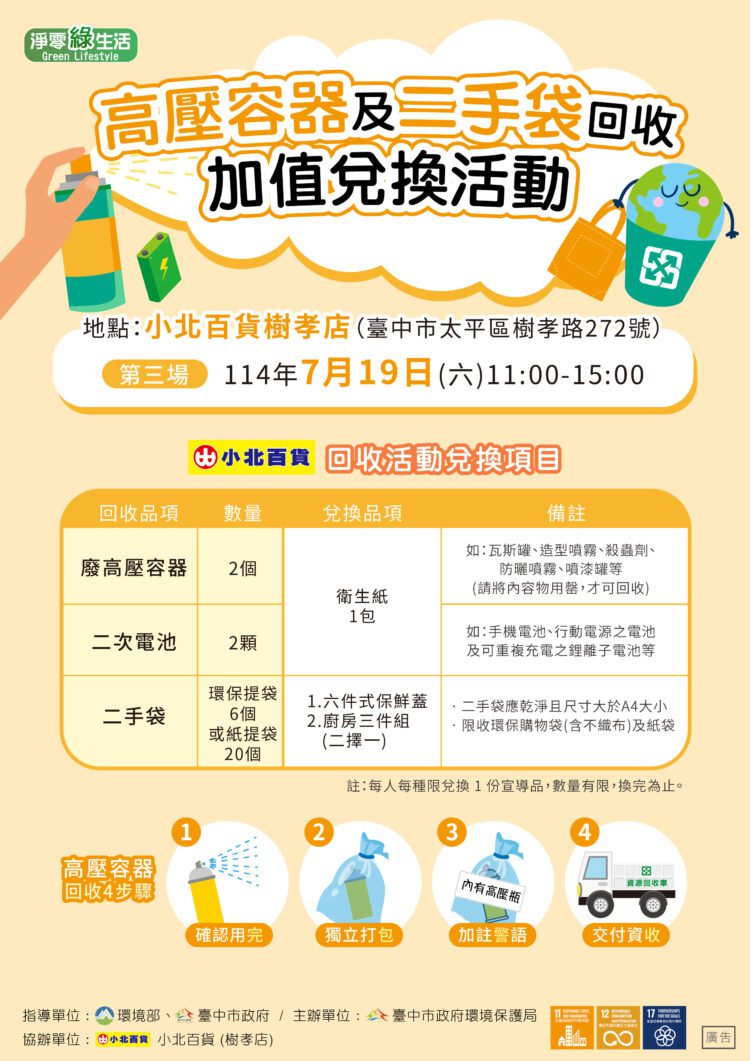 換限量好禮！中市環保局攜手小北百貨辦高壓容器回收宣導活動7/19、10/18登場