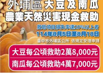 中市外埔區大豆及南瓜災損-8/18前可申請現金救助