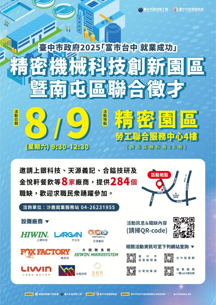 台中精密園區8/9徵才-釋出逾280個職缺