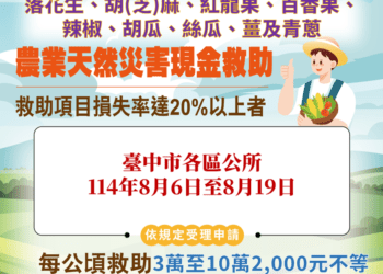 中市落花生、胡(芝)麻、紅龍果、百香果、辣椒、胡瓜、絲瓜、薑、青蔥及和平區水蜜桃災損-8/19前可申請現金救助