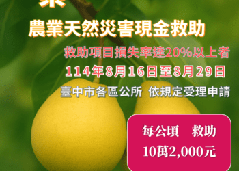 中市梨、和平區七卡段等35地段果樹類及塑膠布溫網室災損-8/29前可申請現金救助