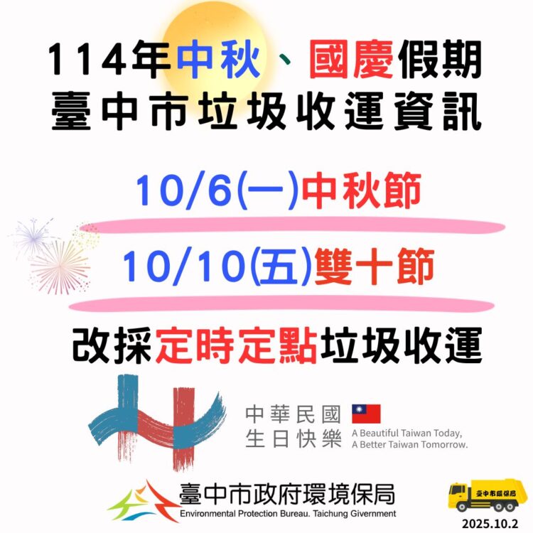 中秋節及雙十國慶假期-中市垃圾收運10/6、10/10採定時定點服務
