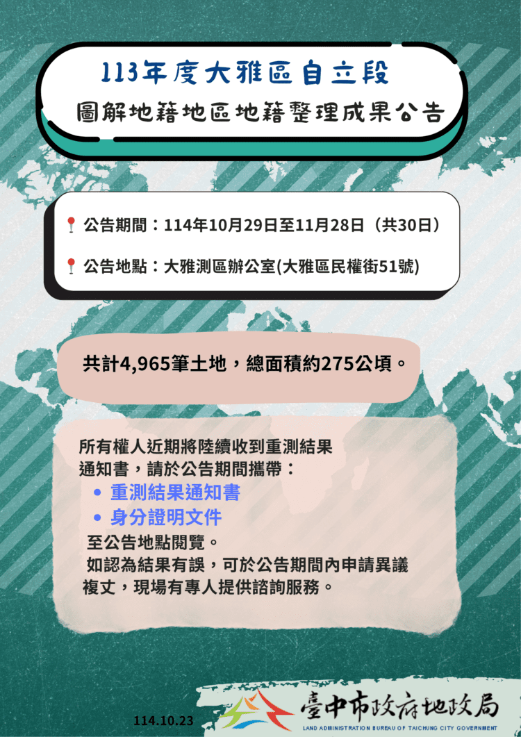 113年度大雅區自立段圖解地籍地區地籍整理成果公告