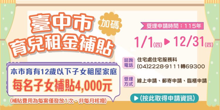 中市育兒租金補貼1月1日開放申請-每名子女補助4千元且無子女數上限