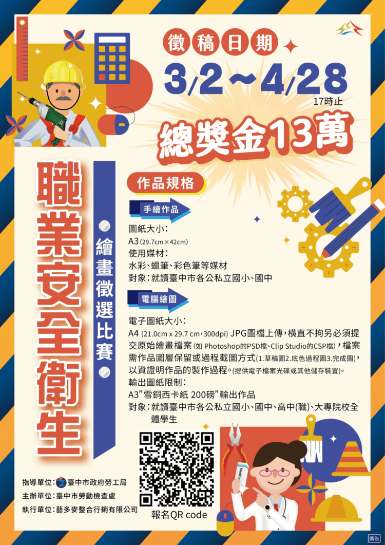 職安扎根！台中市115年度職業安全衛生繪畫徵選開跑　總獎金13萬元