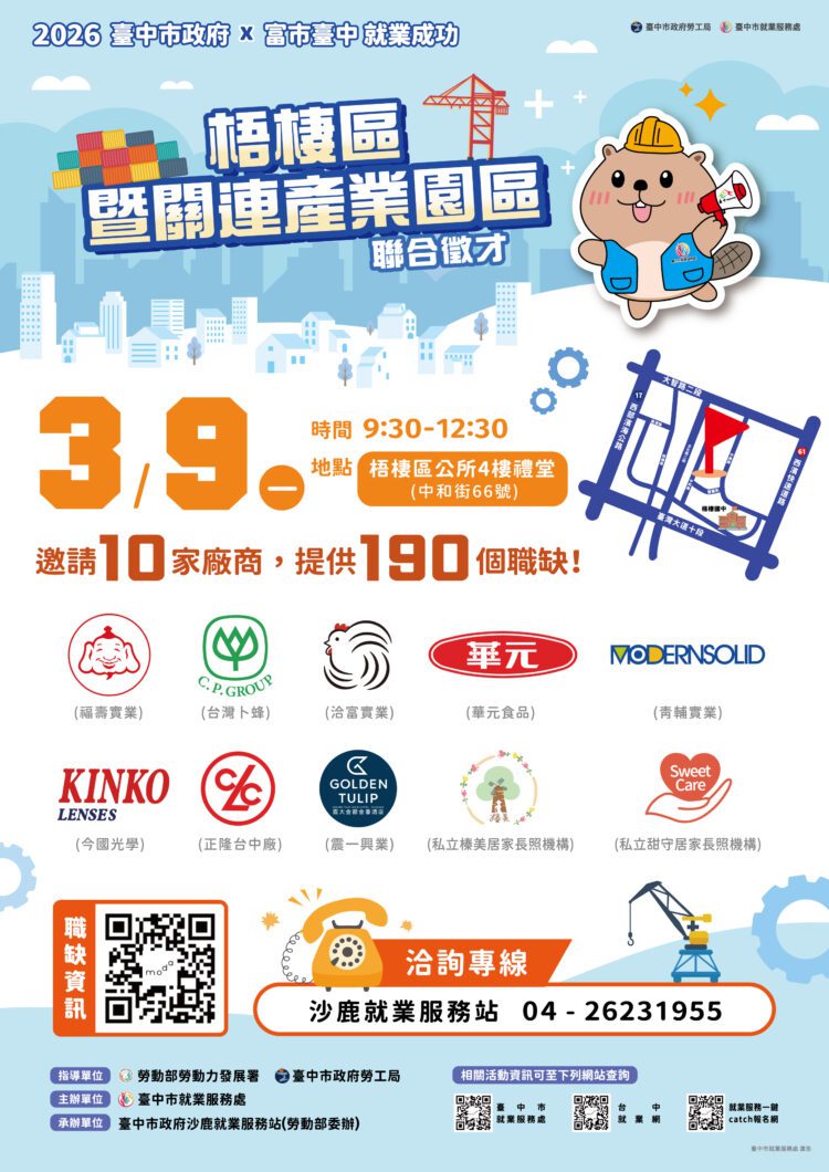 中市梧棲區聯合徵才3/9登場！勞工局推在地就業-共10家廠商、190名職缺