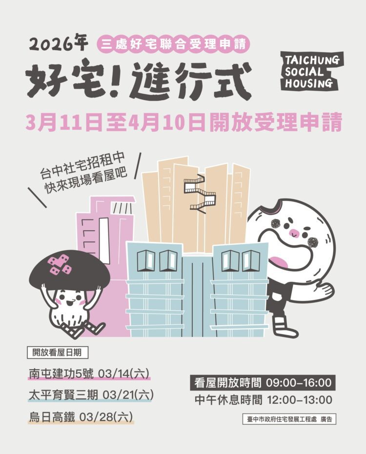 「好宅」聯合招租！南屯建功5號、太平育賢三期、烏日高鐵好宅-即日起至4/10開放申請