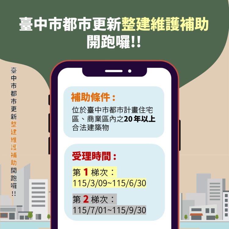 115年度「台中市都市更新整建維護補助」即日起開始受理-歡迎民眾踴躍申請