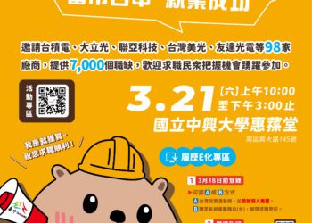 中市府助青年「校園職達未來」！-3/21中興大學就博會釋7,000-職缺