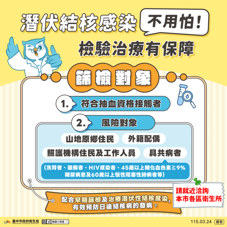 中市結核病發生率持續低於全國 衛生局籲風險族群踴躍篩檢潛伏感染