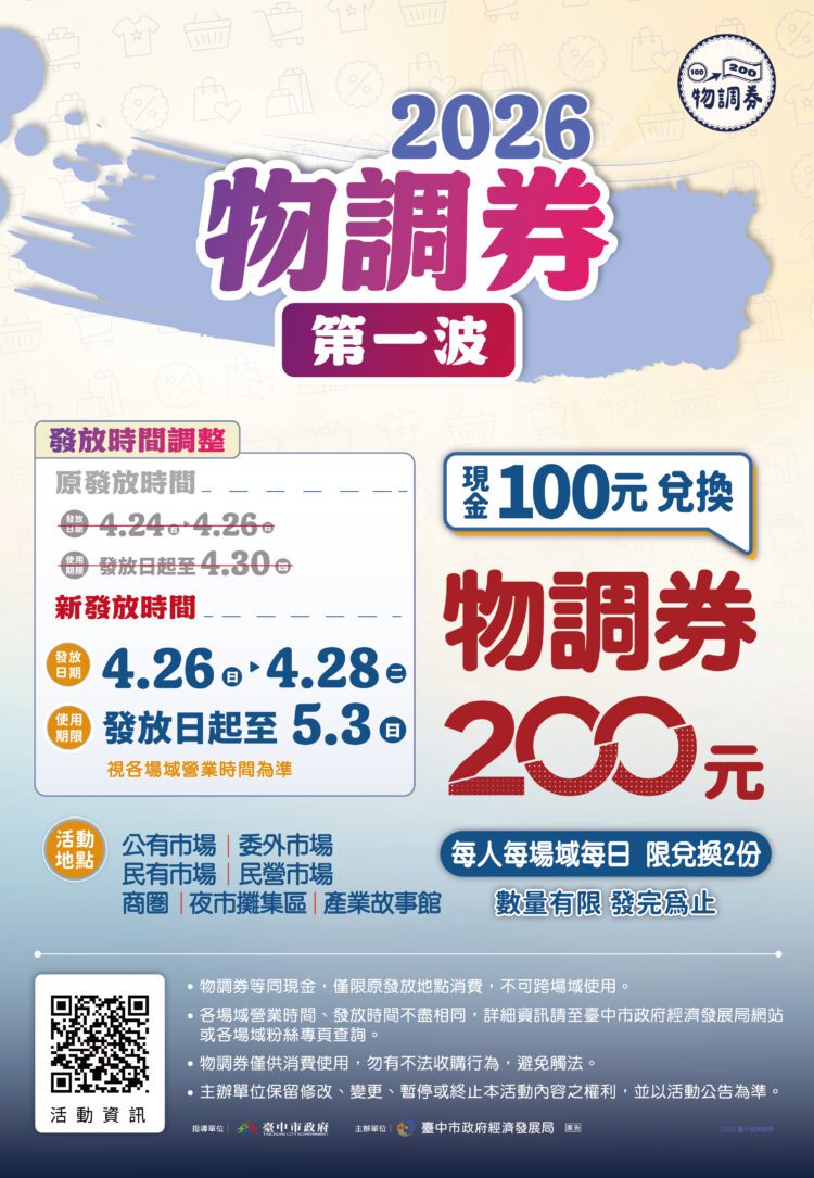 因應天候因素-台中首波物調券順延至4/26-28發放