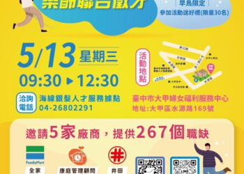 台中海線樂齡徵才5/13大甲登場-前30名求職者還可領早鳥禮