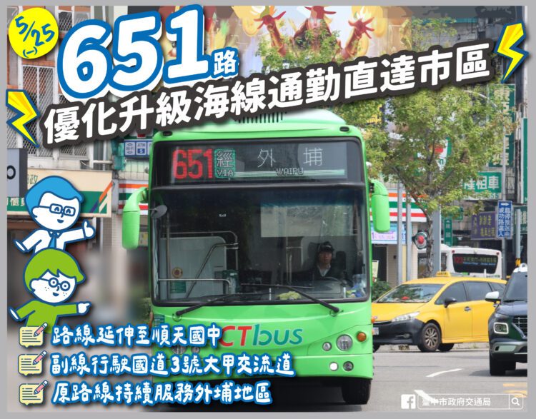 海線公車服務再升級！651路-5/25起延伸順天國中-增設副線直達台中市區更省時