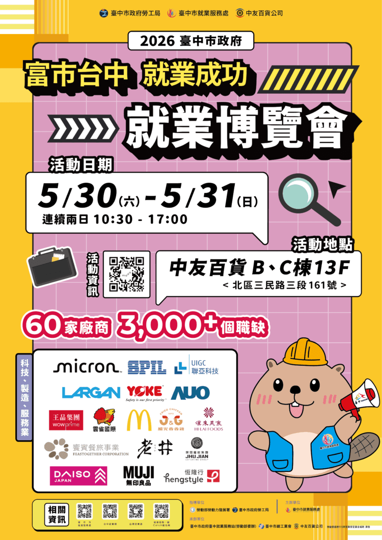 中市府挺社會新鮮人！年中最大就博會5/30-、5/31中友百貨登場-3,000職缺、薪資最高上看9萬6,000元