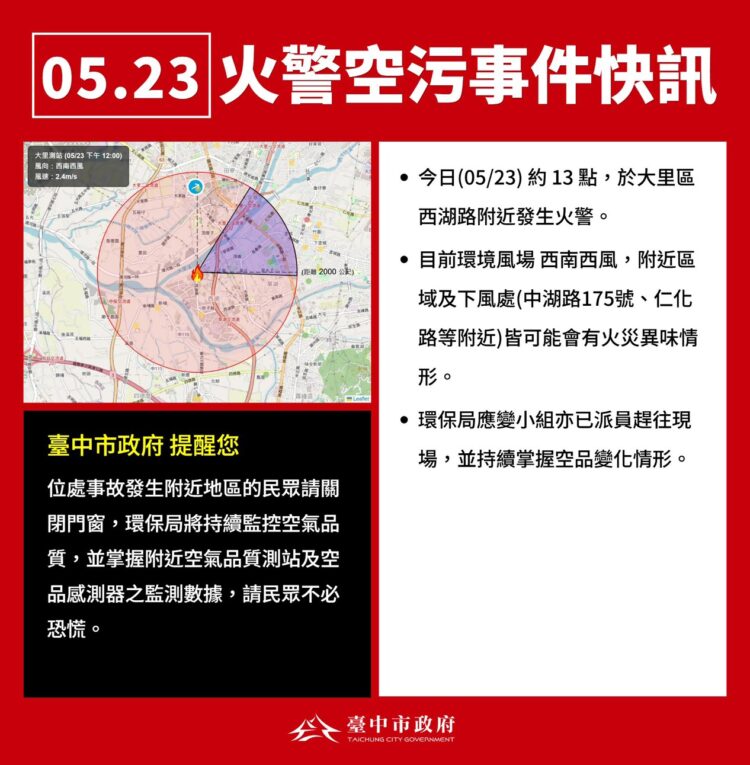 大里區西湖路火警空污-環保局持續監測、提醒民眾加強防護