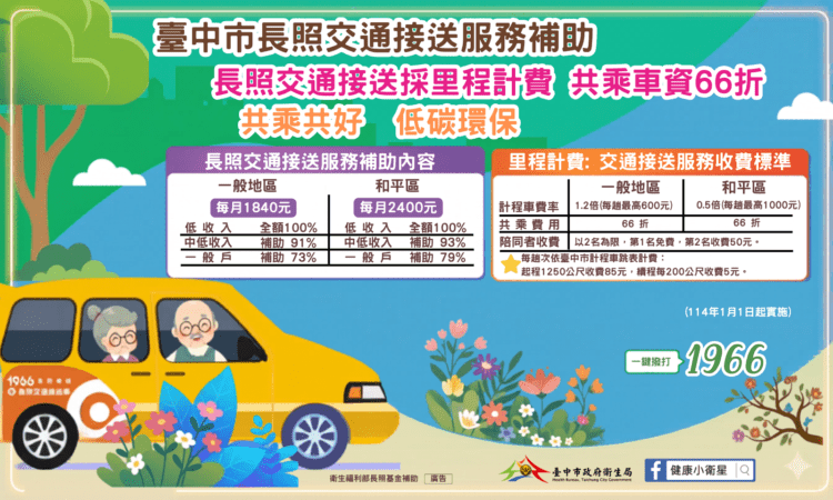 守護長輩安心外出！-中市長照交通服務再升級-新增30輛接送車獎助名額