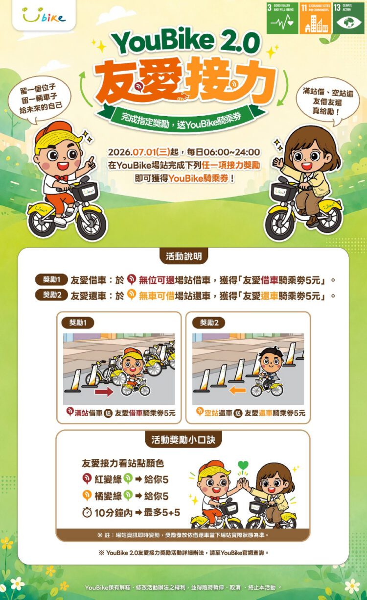 騎出城市好人情！中市youbike-7/1起推友愛接力計畫-最高享10元騎乘券