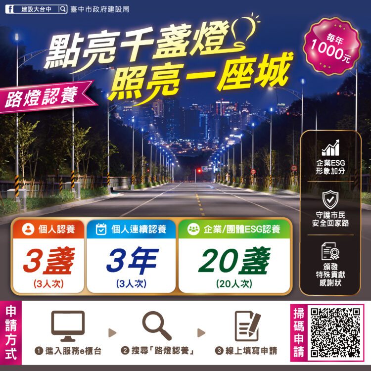 點亮千盞燈、照亮一座城！中市推路燈認養計畫-邀市民加入「發光隊」