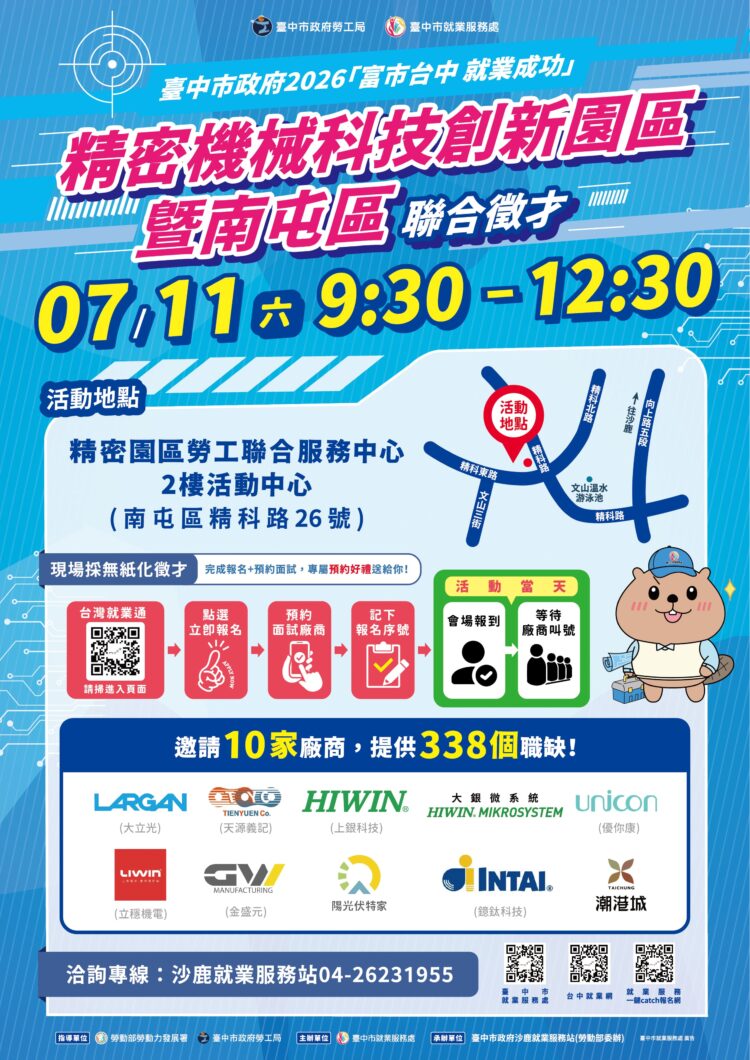 無紙化徵才免帶履歷!精密機械科技園區暨南屯區聯合徵才7/11登場